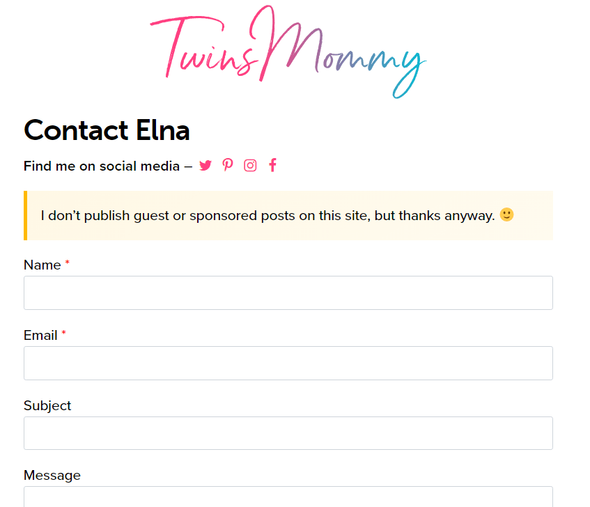 how to create a simple contact me page: simple contact me page example from twinsmommy.com