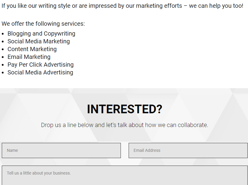 how to create a simple contact me page:  a contact me page screenshot from fulltime nomad (dot) com