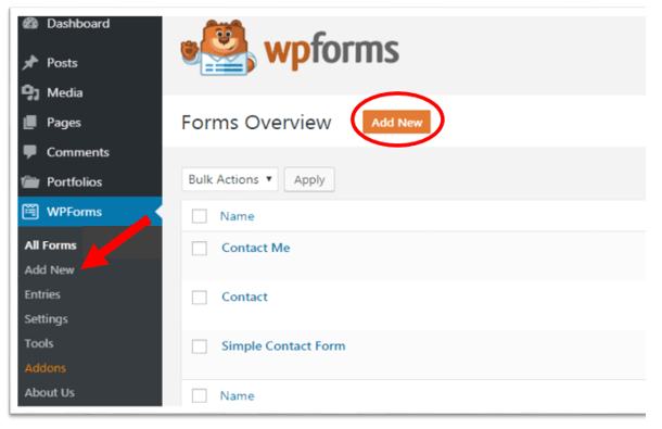 how to create a simple contact me page: step 1 on your wordpress dashboard click wpforms and click add new