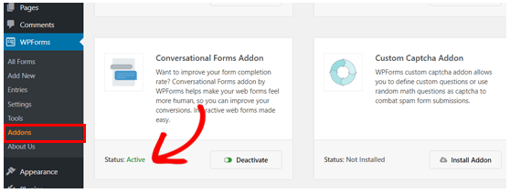 WPForms conversational form addon active