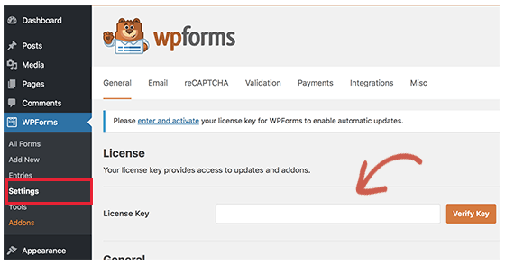 Verify WPForms license key