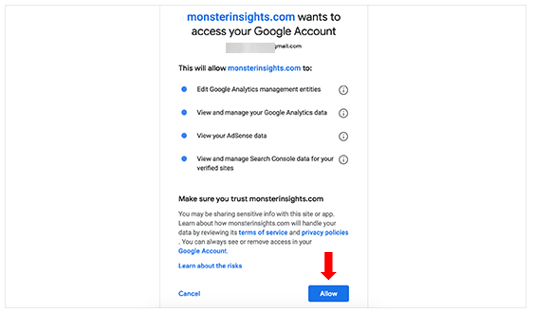 Allow mpnsterinsights to access your google analytics account
