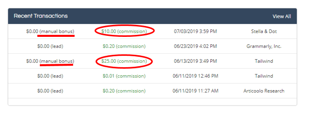 Manual bonuses sent directly on my ShareASale account