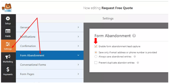 Enable the form abandonment addon