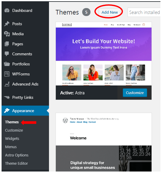 click add new to add a WordPress theme