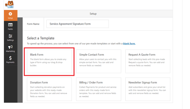 select a blank form to create a signature form