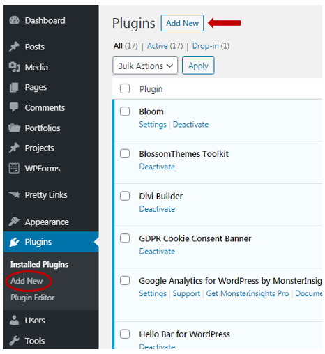 On your WordPress dashboard click plugins then click add new